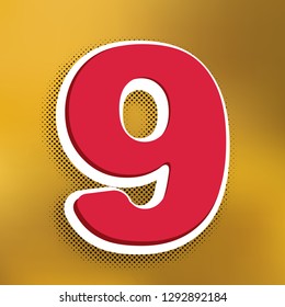 Number 9 sign design template element. Vector. Magenta icon with darker shadow, white sticker and black popart shadow on golden background.