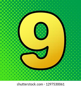 Number 9 sign design template element. Vector. Pop art orange to yellow dots-gradient icon with black contour at greenish background.