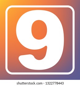 Number 9 sign design template element. Vector. White icon on transparent button at orange-violet gradient background.