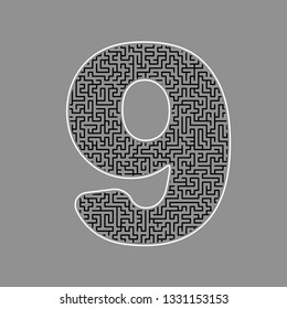 Number 9 sign design template element. Vector. Black maze filled icon with white border at gray background.