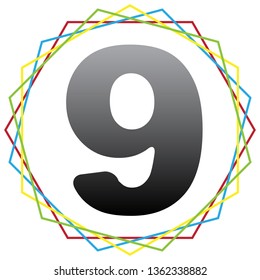 Number 9 sign design template element. Vector. Black icon with patch of light inside colorful hexagonal frames at white background.