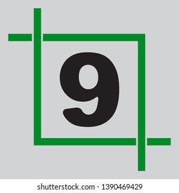 Number 9 sign design template element. Black icon inside green crop tool at light gray background