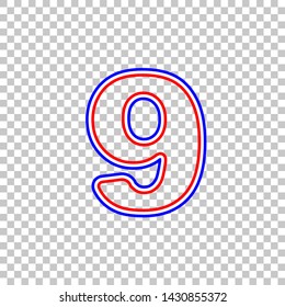 Number 9 sign design template element. Red, white and contour icon at transparent background. Illustration.