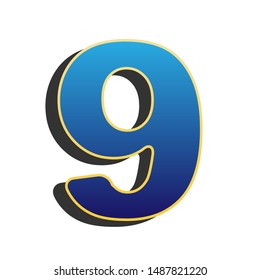 Number 9 sign design template element. Blue icon with gold contour with dark gray shadow at white background. Illustration.