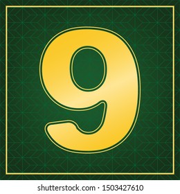 Number 9 sign design template element. Golden icon with gold contour at dark green gridded background. Illustration.