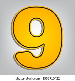 Number 9 sign design template element. Flat orange icon with overlapping linear black icon with gray shadow at whitish background. Illustration.
