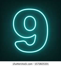 Number 9 sign design template element. Cyan neon icon in the dark. Bluring. Luminescence. Illustration.