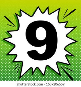 Number 9 sign design template element. Black Icon on white popart Splash at green background with white spots. Illustration.