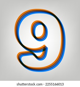 Nummer 9 Zeichenvorlagenelement. Starkes Symbol auf grauem Hintergrund in Orange, Azurblau und alten Lavendelfarben. Illustration.
