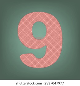 Number 9 sign design template element. Apricot Icon with Brick Red parquet floor graphic pattern on a Ebony background. Feldgrau. Green. Illustration.