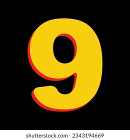 Number 9 sign design template element. 3D Extruded Yellow Icon with Red Sides a Black background. Illustration.