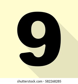 Number 9 sign design template element. Black icon with flat style shadow path on cream background.