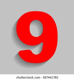 Number 9 sign design template element. Vector. Red icon with soft shadow on gray background.