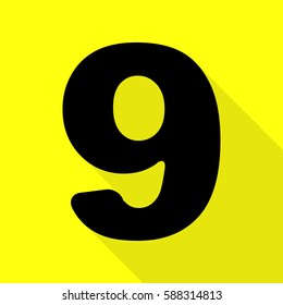 Number 9 sign design template element. Black icon with flat style shadow path on yellow background.