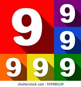 Number 9 sign design template element. Vector. Set of icons with flat shadows at red, orange, yellow, green, blue and violet background.