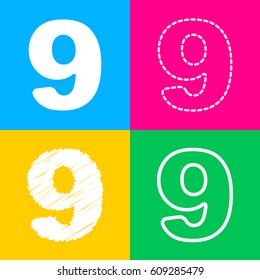 Number 9 sign design template element. Four styles of icon on four color squares.