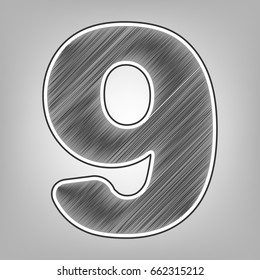 Number 9 sign design template element. Vector. Pencil sketch imitation. Dark gray scribble icon with dark gray outer contour at gray background.