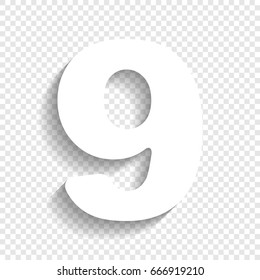 Number 9 sign design template element. Vector. White icon with soft shadow on transparent background.