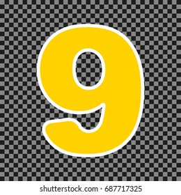 Number 9 sign design template element. Vector. Yellow icon with white contour on dark transparent background.