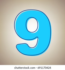 Number 9 sign design template element. Vector. Sky blue icon with defected blue contour on beige background.