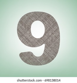 Number 9 sign design template element. Vector. Brown flax icon on green background with light spot at the center.