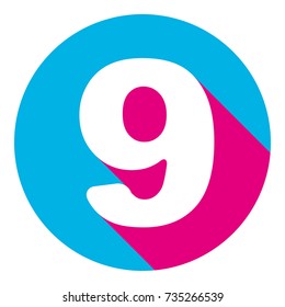 Number 9 sign design template element. Vector. Flat white icon with mexican pink shadow inside sky blue(S and G) circle at white background. Isolated. Trend colors in 2017.