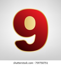 Number 9 sign design template element. Vector. Red icon on gold sticker at light gray background.