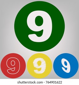 Number 9 sign design template element. Vector. 4 white styles of icon at 4 colored circles on light gray background.