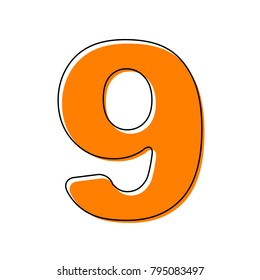 Number 9 sign design template element. Vector. Black line icon with shifted flat orange filled icon on white background. Isolated.