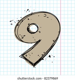 Number 9 in sketch-style on a writing-book-background. Vector illustration