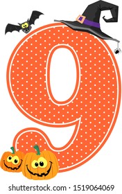 number 9 with smiling pumpkins and halloween design elements isolated on white background. can be used for nursery decoration or halloween paty invitation