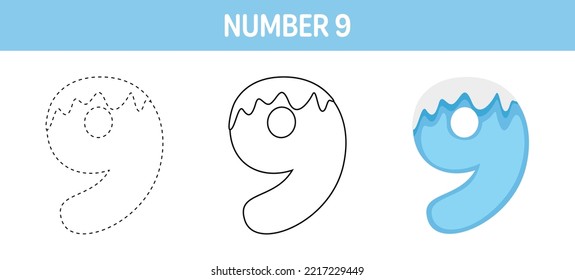 Number 9 Snow tracing and coloring worksheet for kids