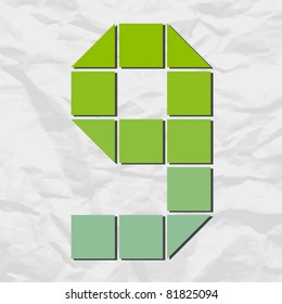 Number 9 from squares and triangles on a paper-background. Vector illustration