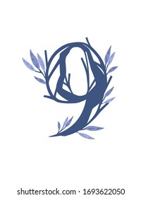 Number 9 style tree branches with blue leaves botanical flowers floral art design element flat vector illustration
