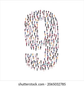 A number 9 symbol made from a large group of people.