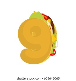 Number 9 tacos. Mexican fast food font nine . Taco alphabet symbol. Mexico meal ABC