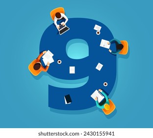 Number 9. Team works together at a table in the shape of the number nine. Creative font. Flat vector illustration.