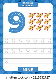 Number 9 trace, Worksheet for learning numbers, kids learning material, kids activity page