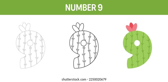 Number 9 tracing and coloring worksheet for kids