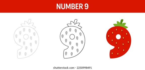 Number 9 tracing and coloring worksheet for kids