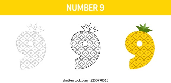 Number 9 tracing and coloring worksheet for kids
