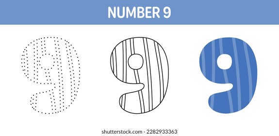 Number 9 tracing and coloring worksheet for kids