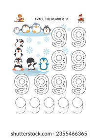 Number 9 tracking practice worksheet for children learning to count and write.      