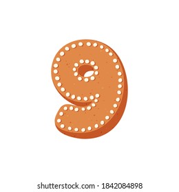 The number "9". Traditional Christmas sponge gingerbread in the shape of a number decorated with icing sugar. Vector stock illustration isolated on a white background.