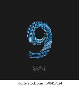 Number 9. Typographic vector element for design. Part of curly textured alphabet with marble or acrylic imitation. Digit nine with diffusion lines swirly pattern. Vector illustration