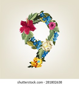 Number 9, Vector Colorful Flower Font For Your Design.