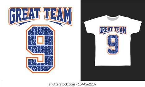 Number 9 vector creative t-shirt Team and apparel trendy awesome design with art shape, good for T-shirt graphics, poster, print and other uses.