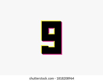 Number 9 vector desing logo. Dynamic, split-color, shadow of  number pink and yellow on white background. For social media,design elements, creative poster, anniversary celebration, greeting and web 