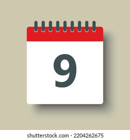 Número 9 - días de calendario de iconos vectoriales. Noveno día del mes. Ilustración de estilo plano. Fecha de la semana, mes, año domingo, lunes, martes, miércoles, jueves, viernes, sábado. Fecha de calendario de vacaciones