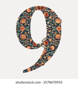 Number 9 vintage font, botanical pattern inspired by William Morris, isolated vector element. Vintage botanical patterned font inspired by William Morris. Floral vintage patterned typography vector.